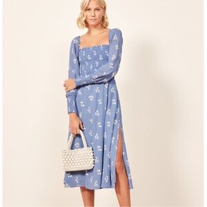 Reformation Rowen Viscose Midi Dress Blue White Floral Sz S Smocking Cottagecore